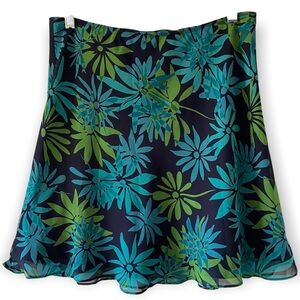 Express Womens Skater Skirt Floral Print Blue Green Lined Elastic Waist Medium